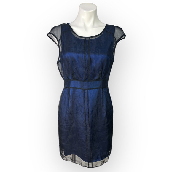 Vintage 90s Luce Silk Chiffon Overlay Sheath Dress Size Large Blue Career Goth - Picture 7 of 15